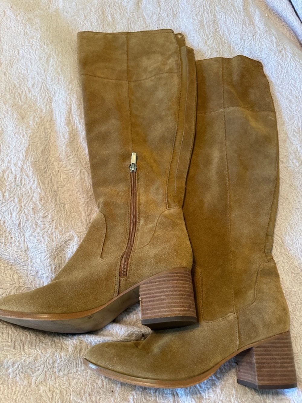 Marc Fisher Olive-Tan Suede Ankle Booties with Stacked Heel